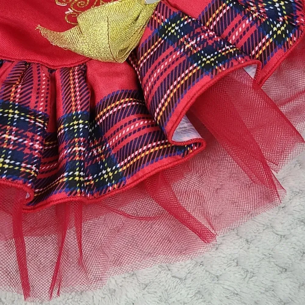 Pet Costume | Christmas Tree Tutu Dog Dress Red Plaid Glitter Bow Rhinestone XS